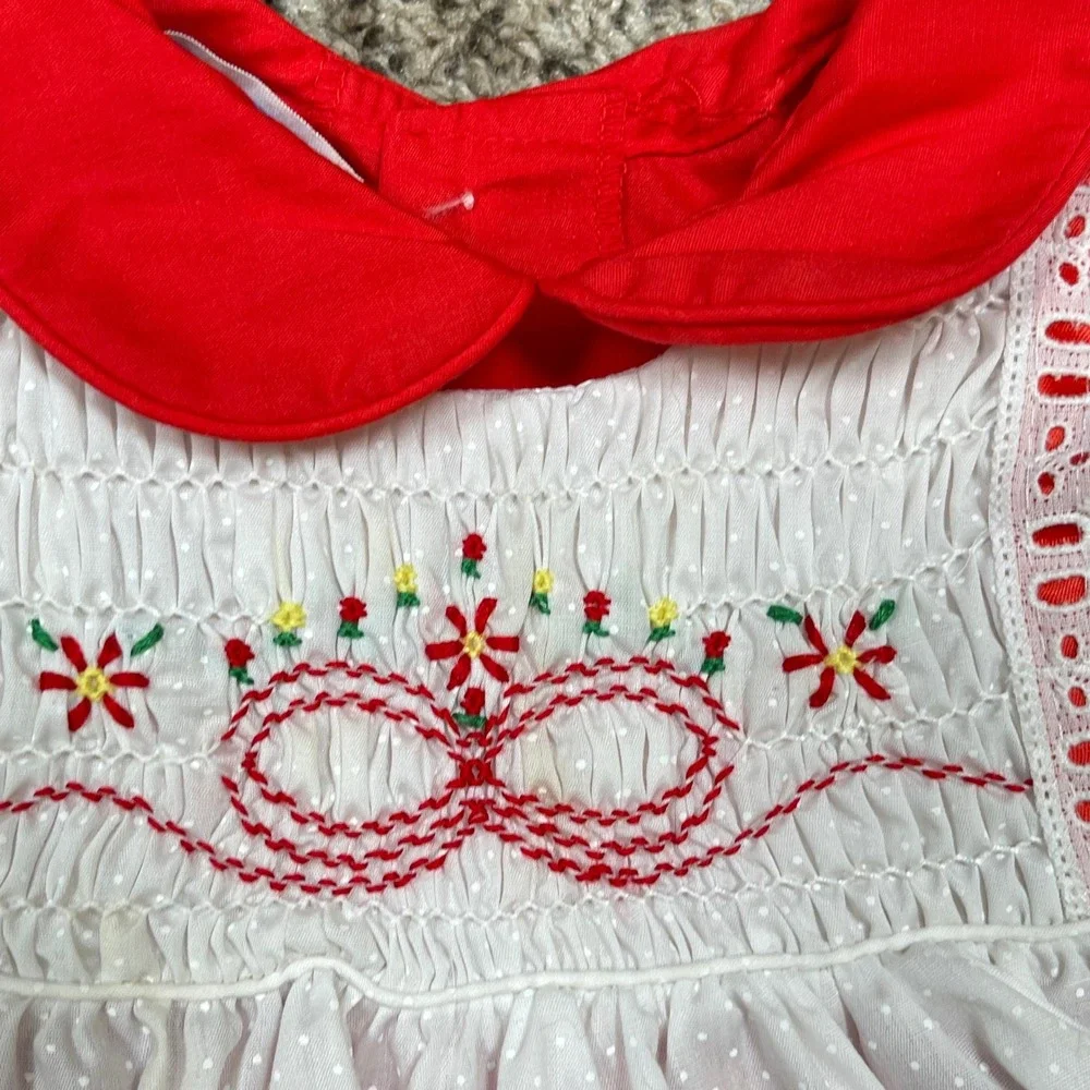 Vintage Polly Flinders Dress Baby Girl 18M Red White Smocked Embroidered Cottage